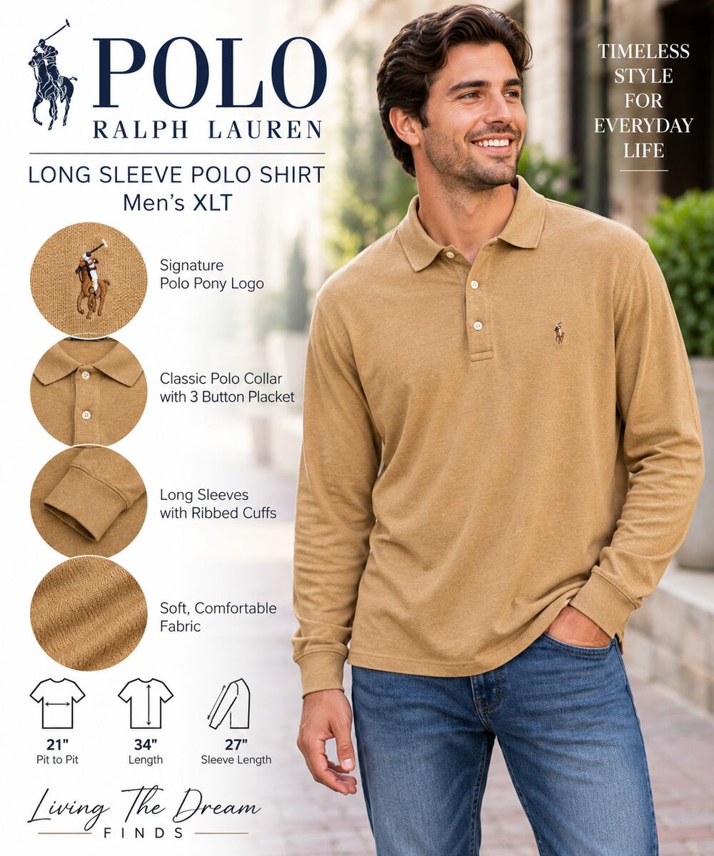 Polo Ralph Lauren Men’s XLT Long Sleeve Polo Shirt Tan Beige Pony Logo